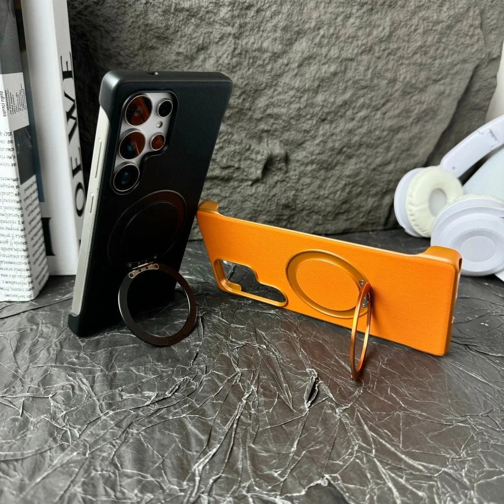 Frameless Matte Leather Magnetic Satnd Holder Case For Samsung Galaxy S26 S25 S24 S23 Ultra Slim Breathable For Magsafe Cover