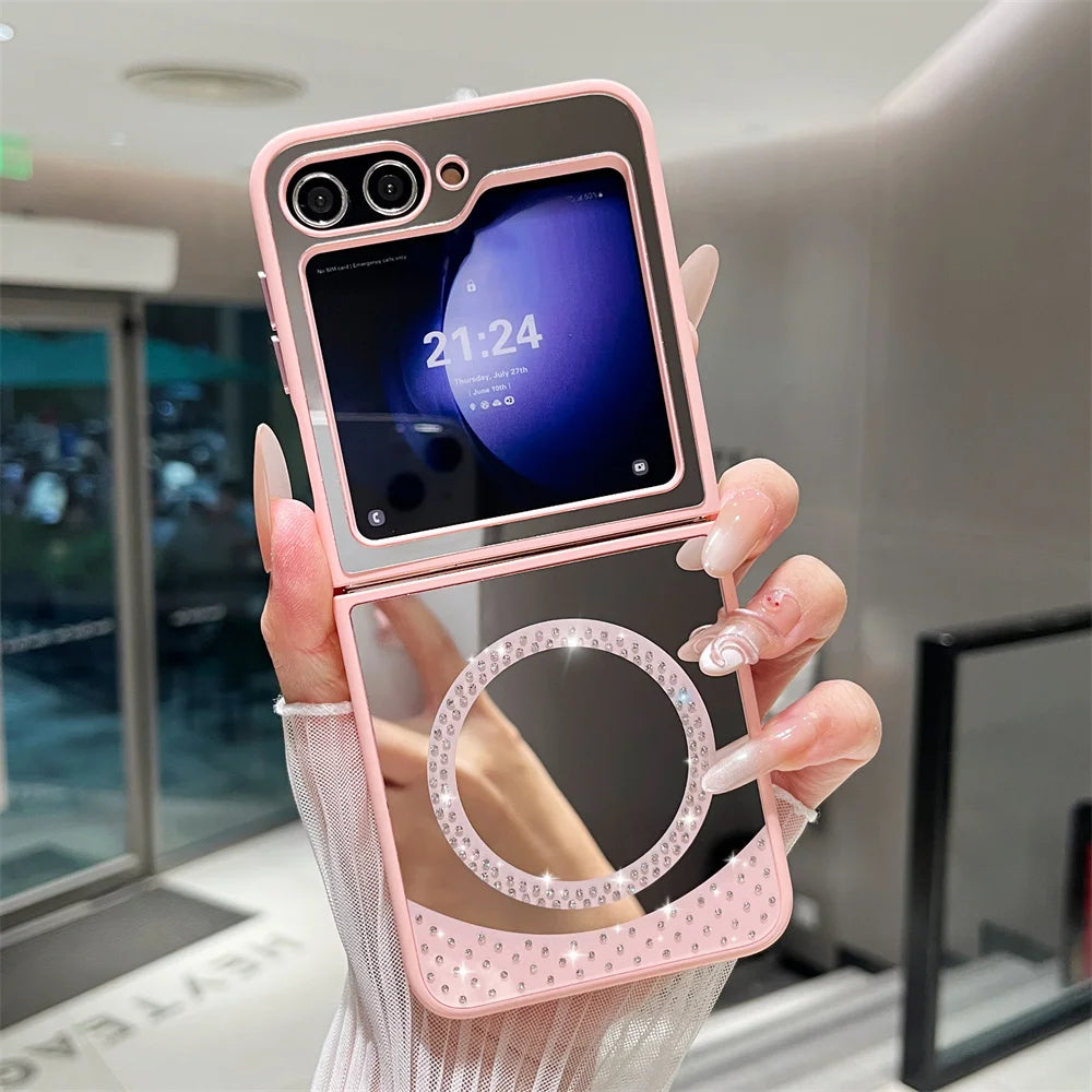For Magsafe Glitter Diamond Magnetic Case For Samsung Z Flip 6 5 flip 4 3 flip6 zflip6 5G Wireless Charging Make Up Mirror Cover