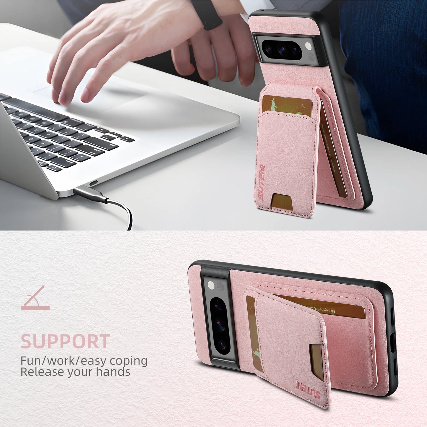 Lychee SUTENI Luxury Faux Leather Stand Card Holder Phone Case Frosted Feel for Google Pixel 10 9 Pro XL 8 Pro 7 6 A Cover