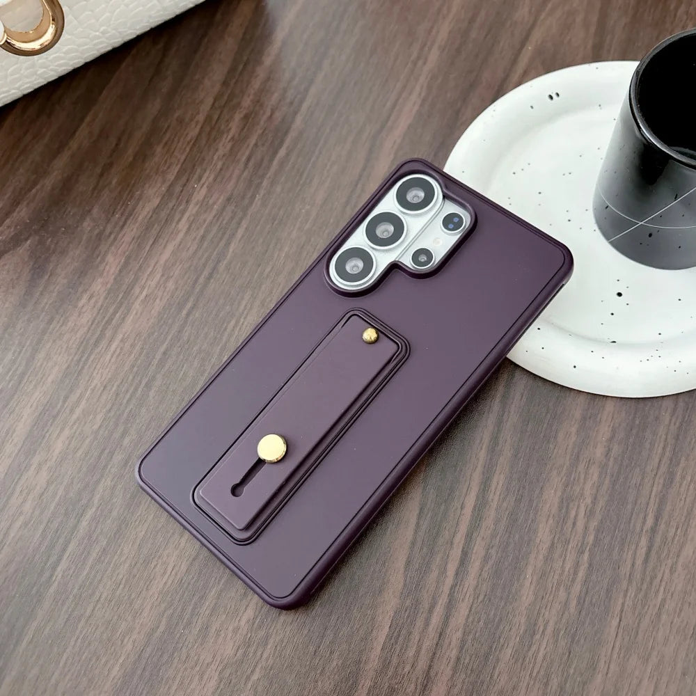 Luxury Plain Wrist Strap Holder Phone Case For Samsung Galaxy S26 S25 S24 S23 S22 Ultra Plus Wristband Protection Cover Bumper