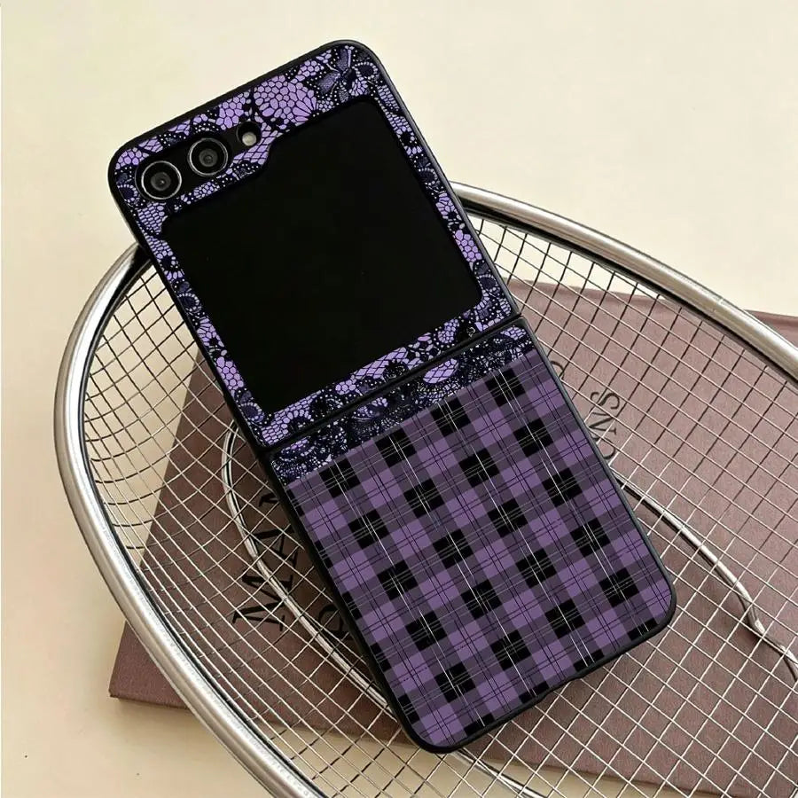 Back Phone Cover Funda Case for Samsung Galaxy Flip6 Flip3 Flip5 Flip4 Flip7 FE Z Flip 7 6 5 4 3 Plaid Lace Floral