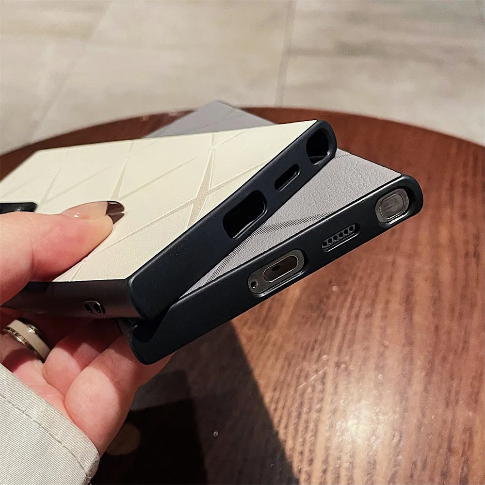 Luxury Plain Leather Diamond Grid Pattern Case For Samsung S25 Plus S24 S23 Ultra S22 Plating Alloy Camera Lens Protection Cover