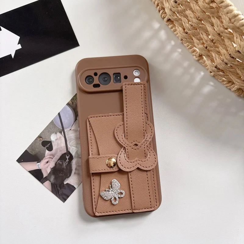 Polka Dot texture Wrist Wallet Card Bag Holder Butterfly Phone Case For Google Pixel 10 Pro 9 9A 6 7 Pro 8 10A Shockproof Cover