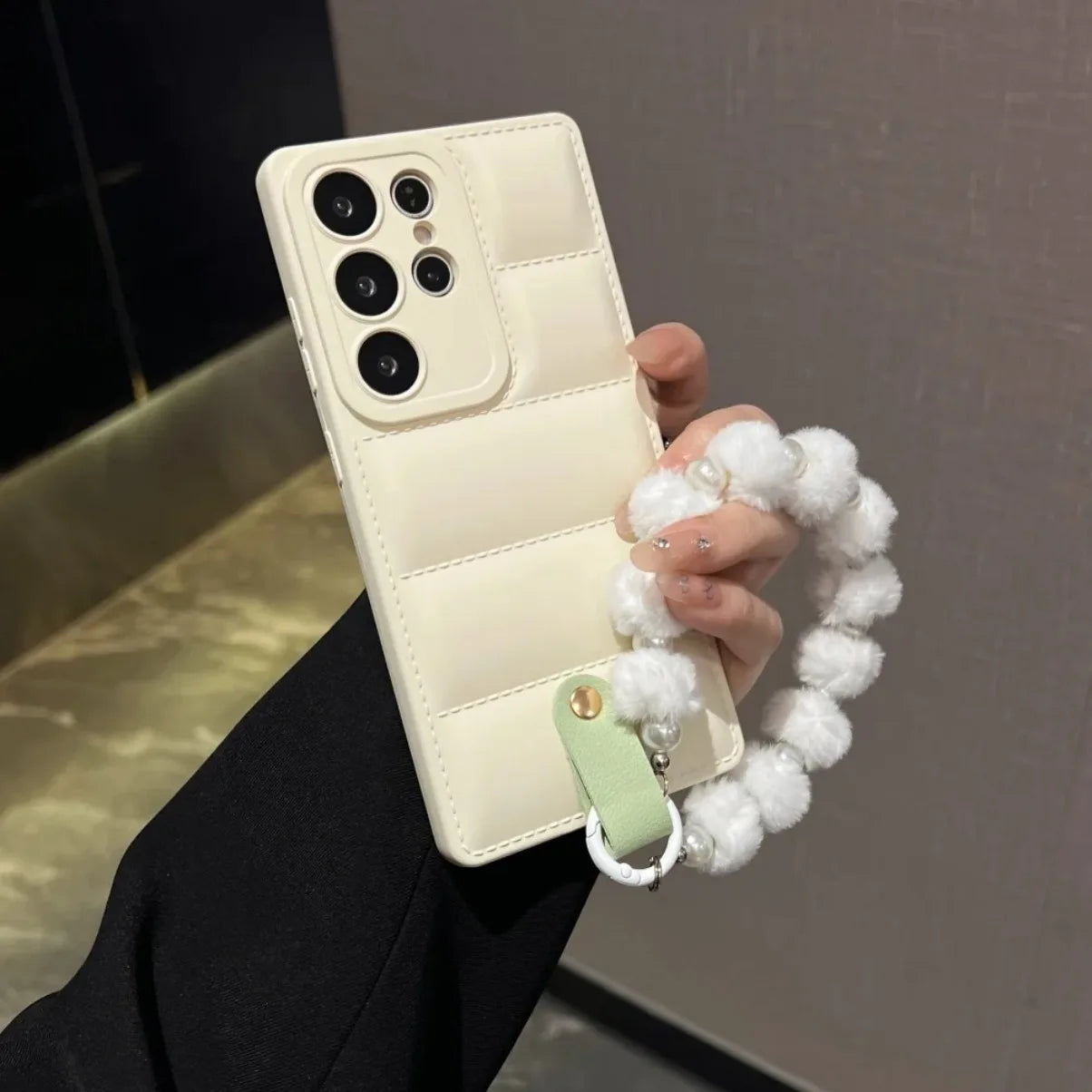 Down Jacket Style Phone Case with Plush Pearl Wrist Strap For Samsung Galaxy S26 S25 S24 Ultra S23 FE S22 S21 Plus A17 A07 A56