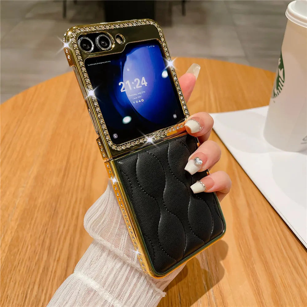 Luxury Bling Diamond Leather Plating Case For Samsung Galaxy Z Flip 6 Flip 5 Flip 3 4 Shockproof Cover Funda