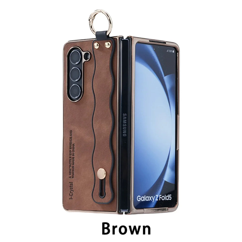 for Z Fold 7 Fashion Wave Wristband Leather Folding Case For Samsung Galaxy Z Fold 3 4 5 6 Zfold6 Fold7 Ring Buckle Holder Cover