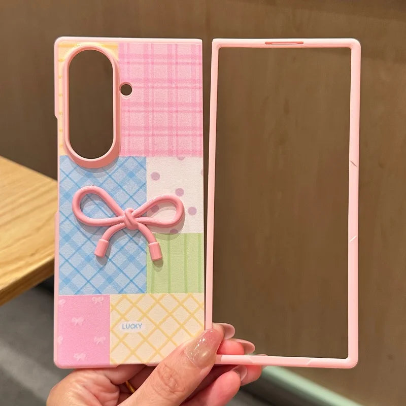 Korean Plaid Patter Flower Cute Bow Phone Case For Samsung Galaxy Z Fold 8 Ultra Z Fold8 ZFold8 Cover with Chain Hard Cases Capa