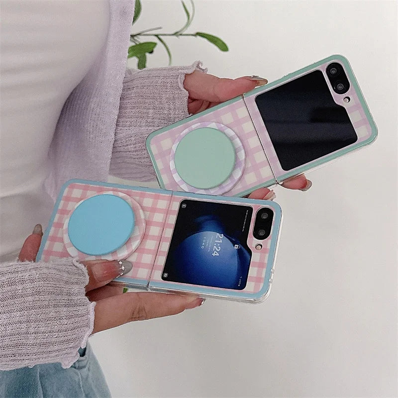 Korean Color Plaid Pattern Magnetic Phone Case For Samsung Galaxy Z Flip 7 6 5 4 Flip6 Flip7 Cover with Magsafe Stand Cases Capa