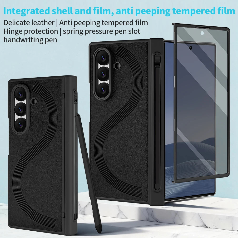 PU Leather Glass Film Pen Slot with Pen Phone Case for Samsung Galaxy Z Fold 7 6 Fold6 Fold7 Hinge Protection Cover
