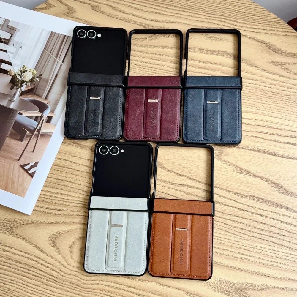 Luxury Retro Cowhide Pattern Folding Stand Case for Samsung Galaxy Z Flip 8 ZFlip 3 4 5 6 7 8 Leather Hinge All-inclusive Cover