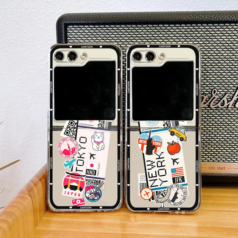 Hot Ticket Travel Label New York Tokyo Phone Case For Samsung Galaxy Z Flip 7 6 5 3 4 Clear Hard PC Folding Cover For Z Flip 6