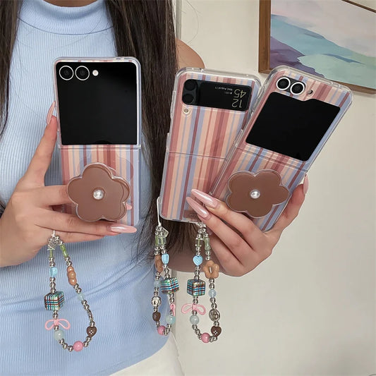 Fashion Brown Stripe Phone Case For Samsung Z Flip 7 6 5 4 Cover with Flower Stand Holder Chain Cute Cases For Galaxy Flip7 Capa