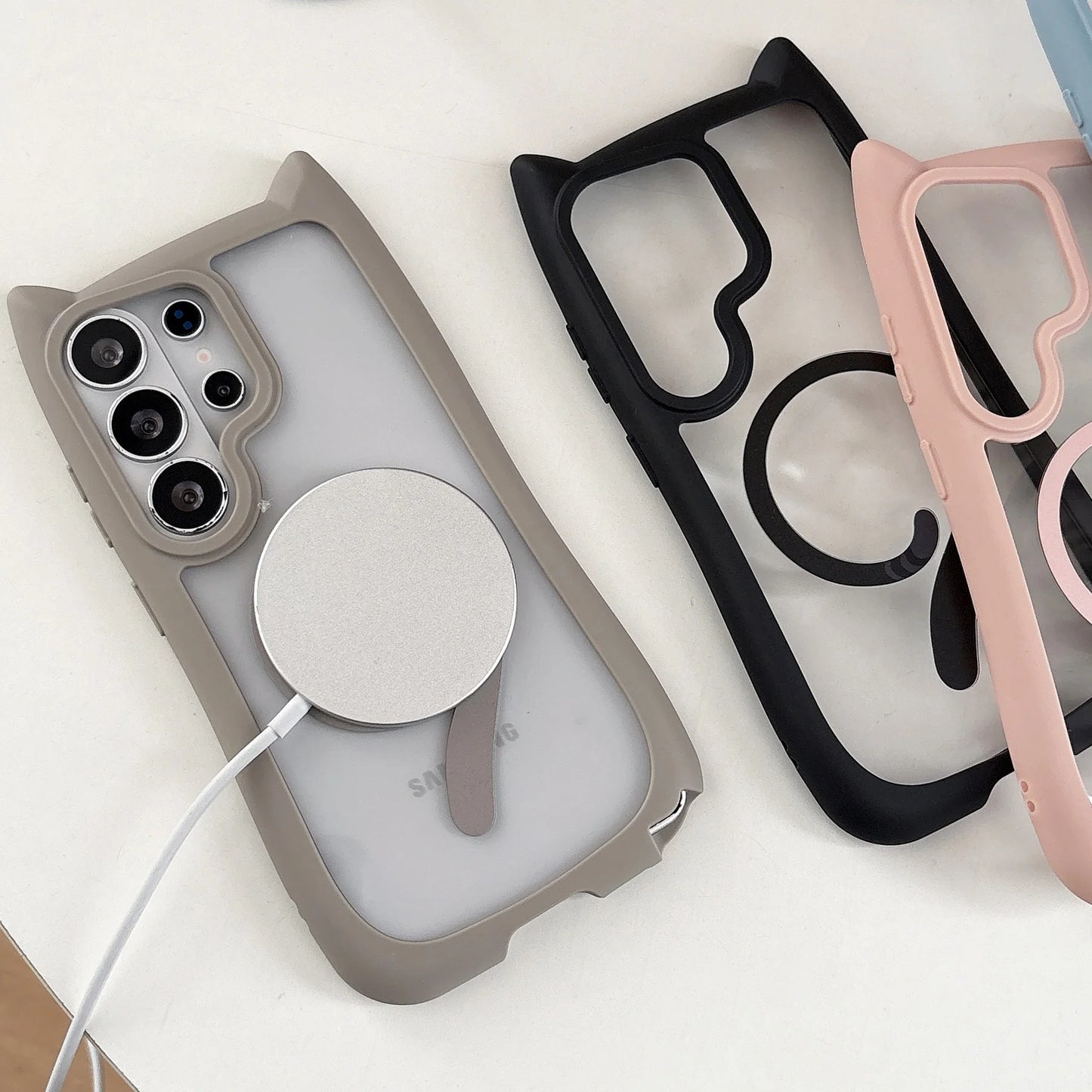 Lovely Cat Ear For Samsung Galaxy S26 Ultra Magnetic Wireless Charging Case For Samsung S26 Plus S25 S24 Transparent Hard Cover