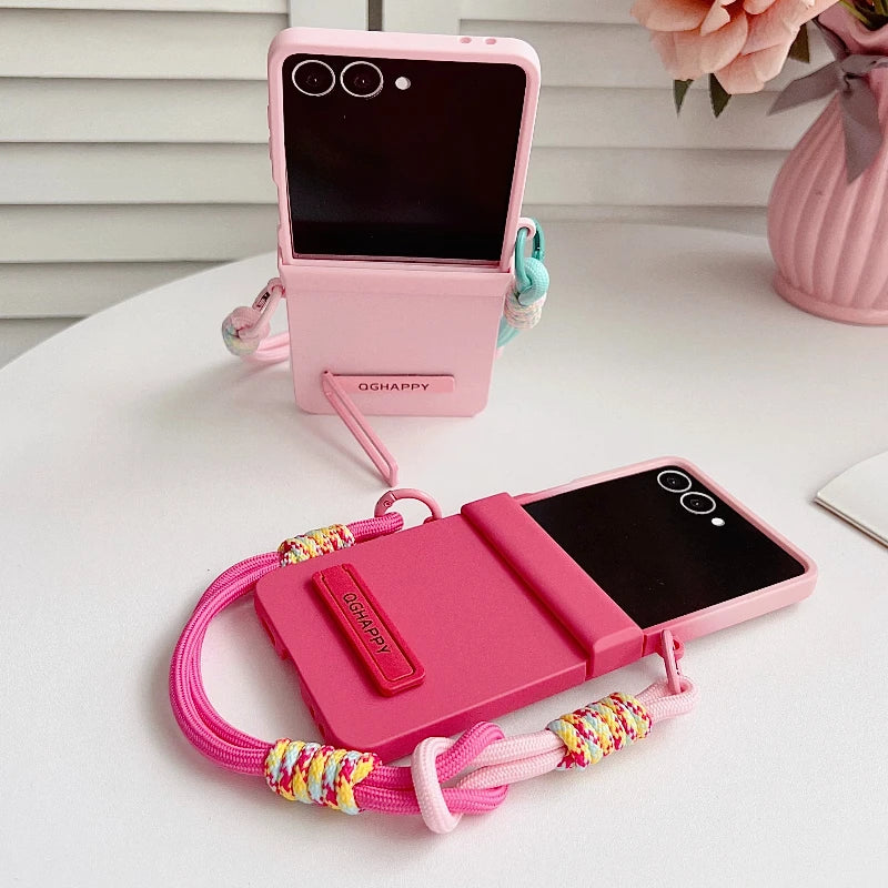 Korean Cute Gradient Color Phone Case For Samsung Galaxy Z Flip 7 6 5 4 3 ZFlip7 Flip6 5G Anti-lost Hand Strap Holder Back Cover