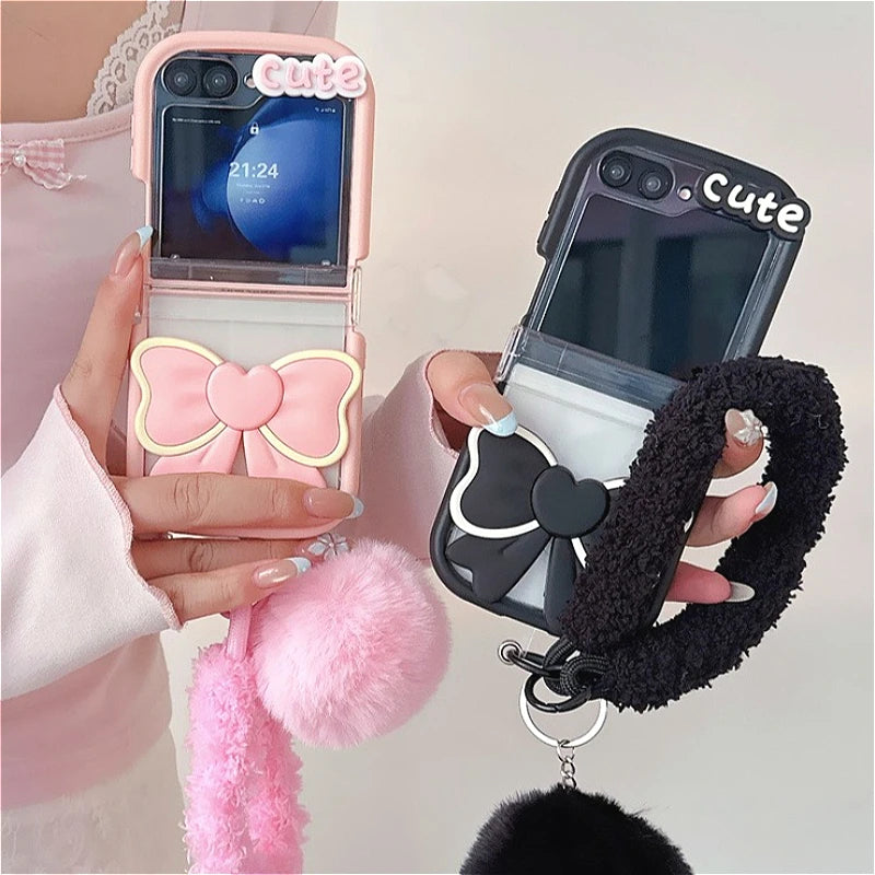 3D Bow Clear Case With Hairball Pendant For Samsung Galaxy Z Flip 3 4 5 6 7 5G ZFlip7 Protect Lovely 3-PIECE Set Cute Cover Gift