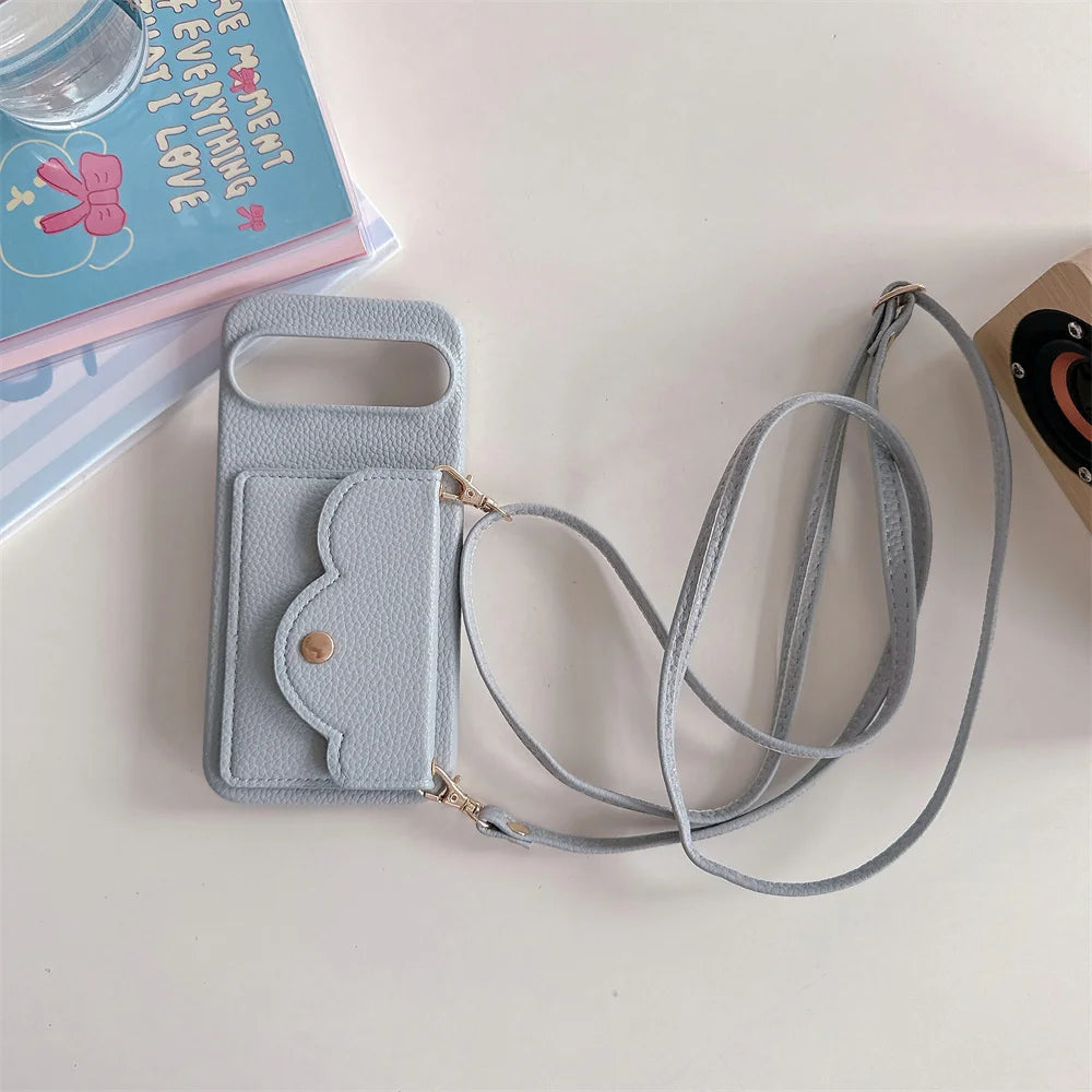 Leather Litchi Wallet Cards Slot Bag Case For Google Pixel 9 8 7 6 9 Pro XL 8A 7A 6A 9XL Shoulder Strap Lanyard Skin Feel Cover