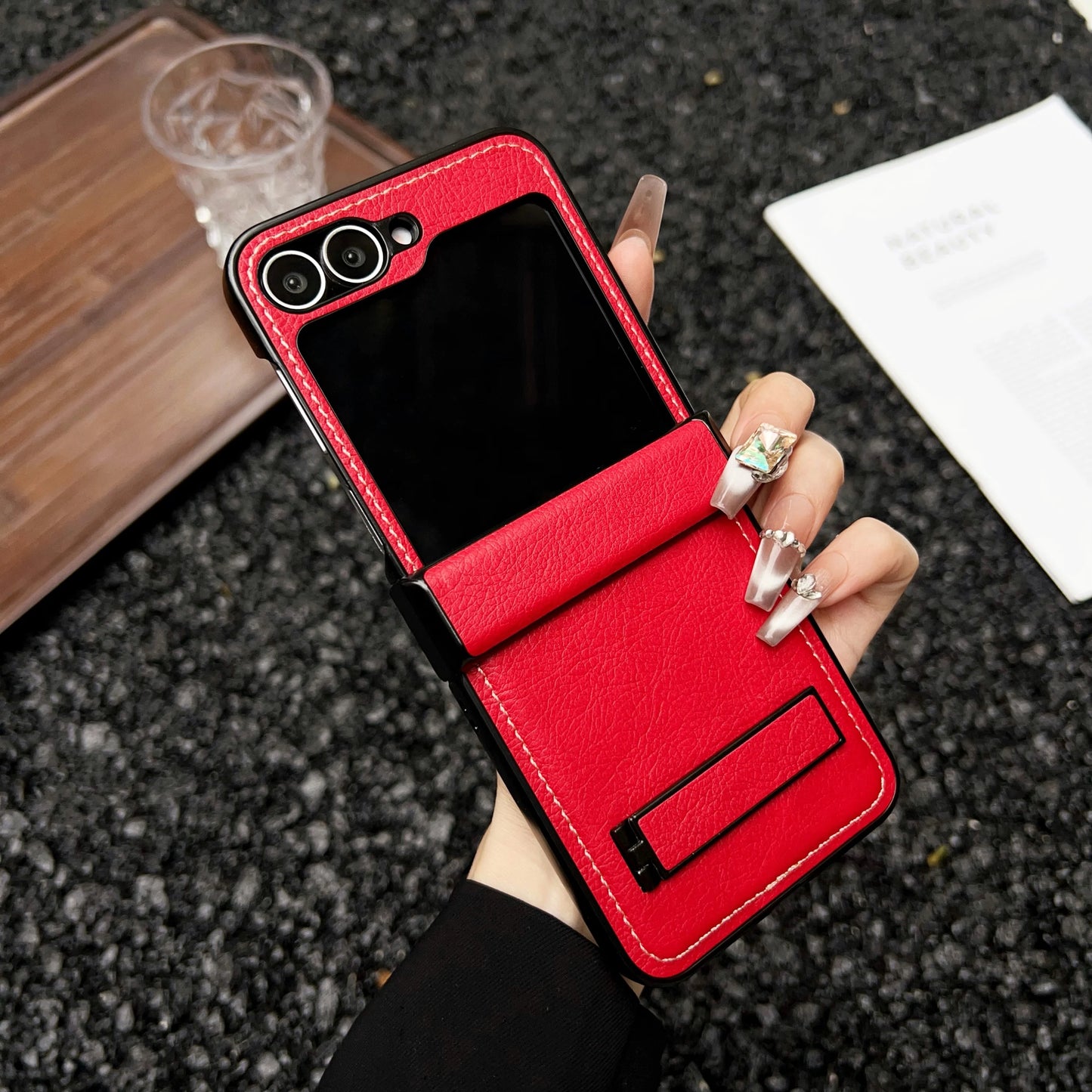 Korean Luxury Litchi Leather Bracket Case For Samsung Galaxy Z Flip 6 5 4 Hinge Central Axis Protection Solid Color Stand Cover
