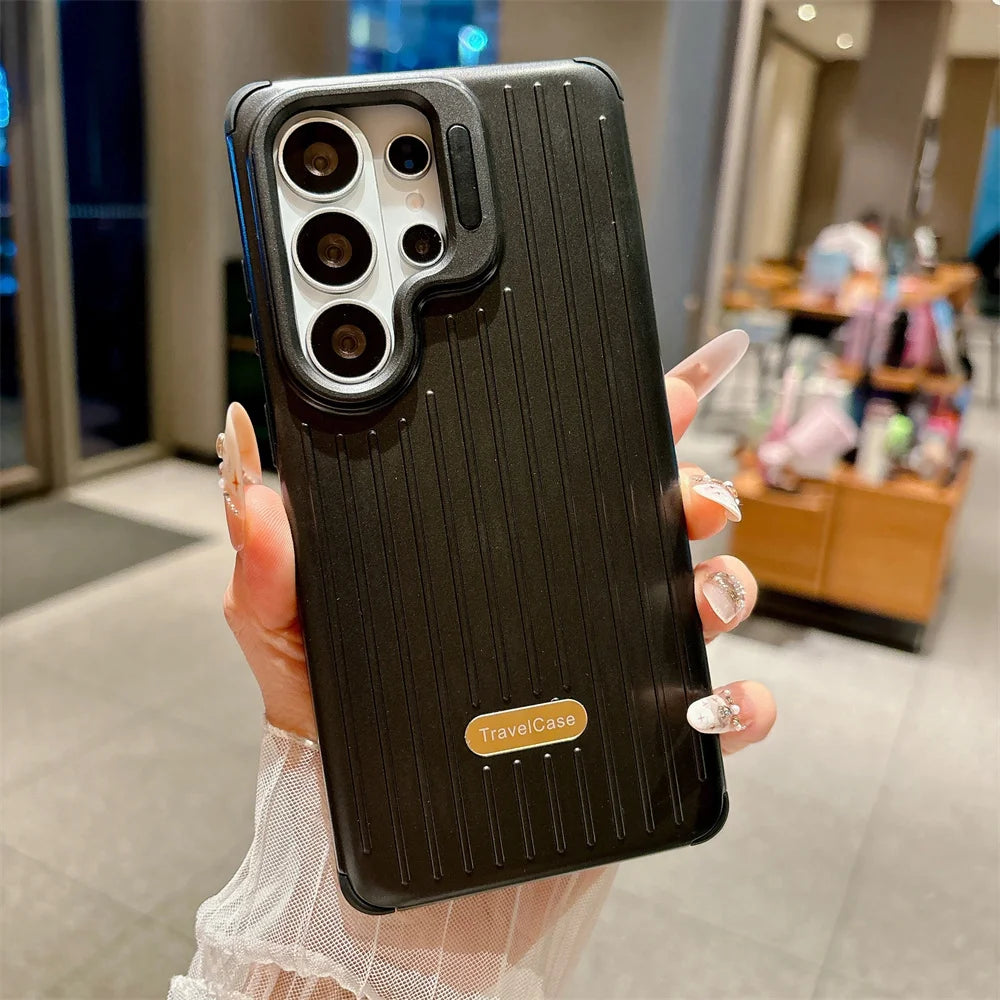Lens Mount Luggage Armor Phone Case for Samsung S26 S25 S24 S23 Ultra Solid Color Striped Shockproof Bumper Protection Cover
