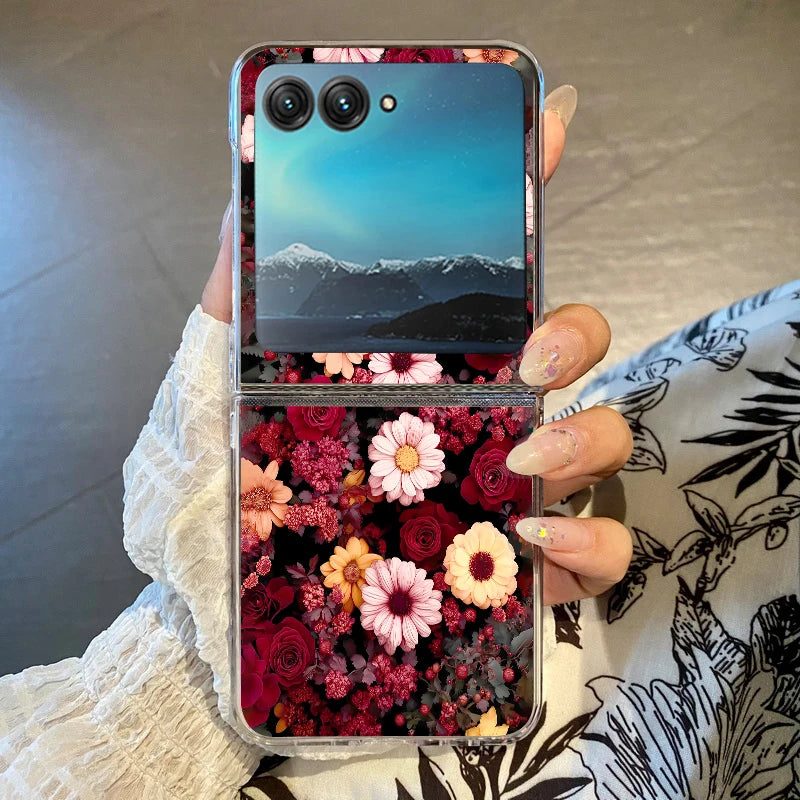 Colorful Flowers Patterned Phone Case For Motorola Razr 60 Ultra Razr 50 40 Ultra 50 40 Clear Shockproof Hard PC Folding Cover