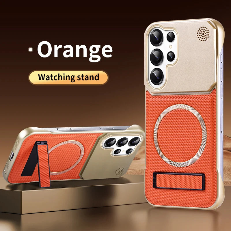 For Magsafe Magnetic Solid Color Leather Not Border Bracket Aromatherapy Phone Case For Samsung S25 Ultra S23 S22 S24 Ultra Plus