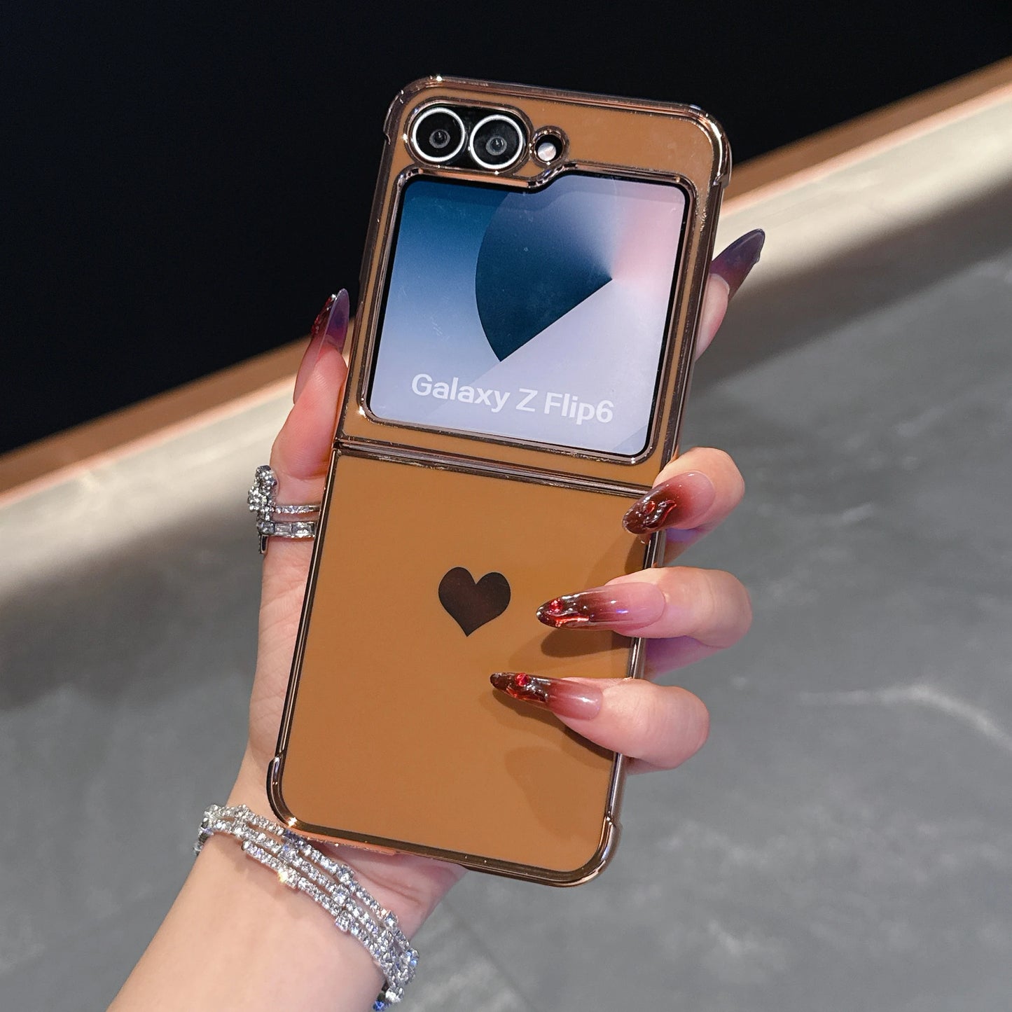 For Samsung Galaxy Z Flip 7 FE 6 5 Love Heart Pattern Fold Phone Case Luxury Electroplated Shockproof Soft Cover