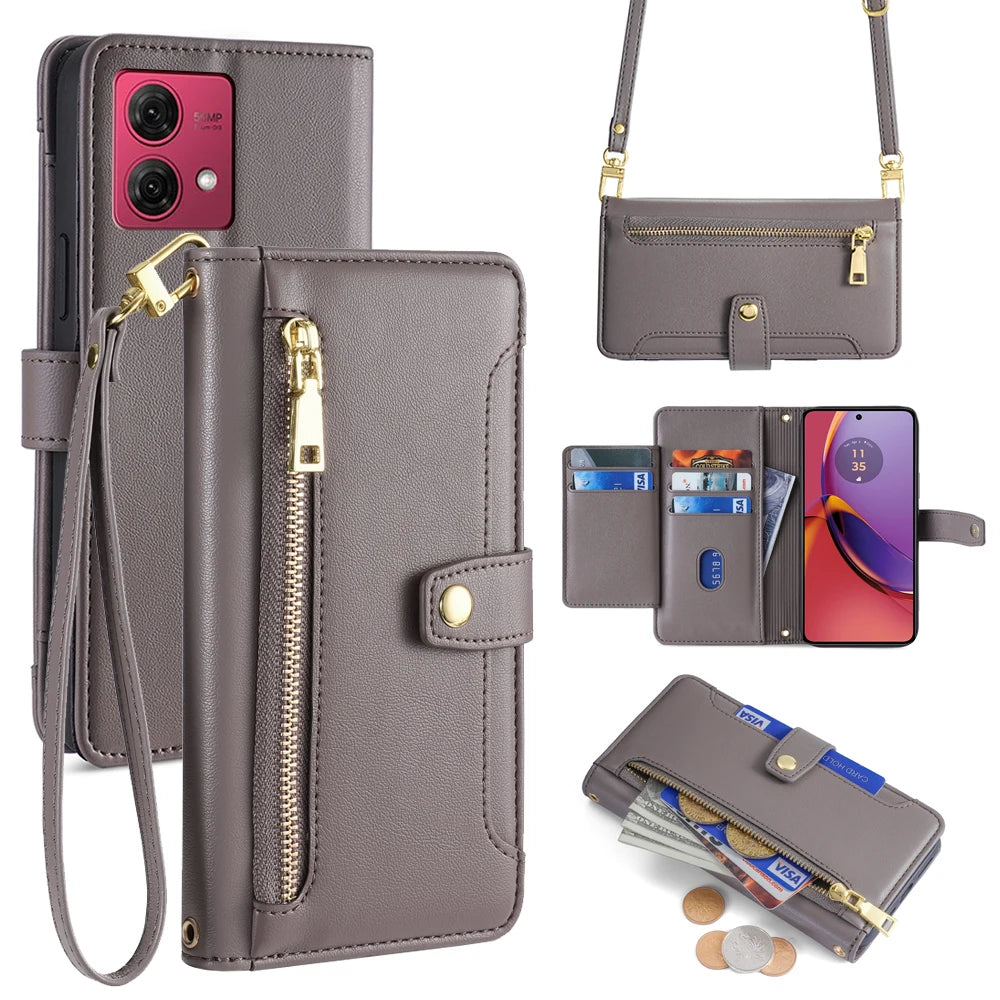 Zipper Wallet Phone Case for Motorola G Stylus Edge 2023 G Play 4G 2024 G Power 5G G14 G84 G54 5G Crossbody Case with Lanyard
