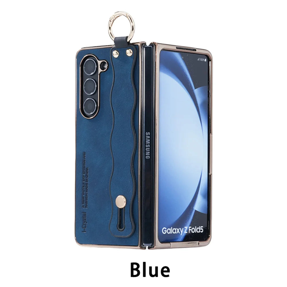 for Z Fold 7 Fashion Wave Wristband Leather Folding Case For Samsung Galaxy Z Fold 3 4 5 6 Zfold6 Fold7 Ring Buckle Holder Cover