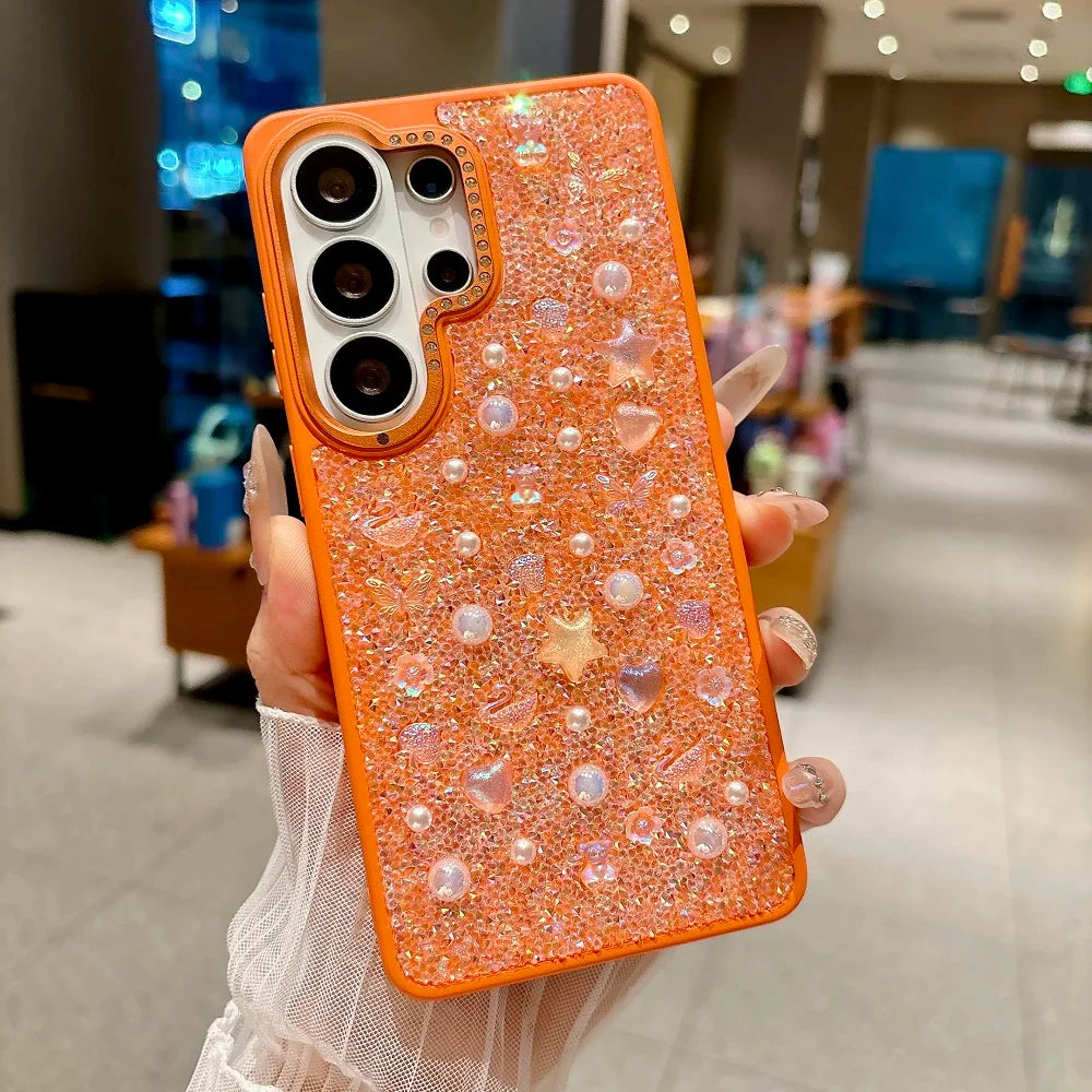 Luxury 3D Pearl Star Glitter Phone Case For Samsung Galaxy S26Ultra S25Ultra Korean Girl Shockproof Protection Back Cover