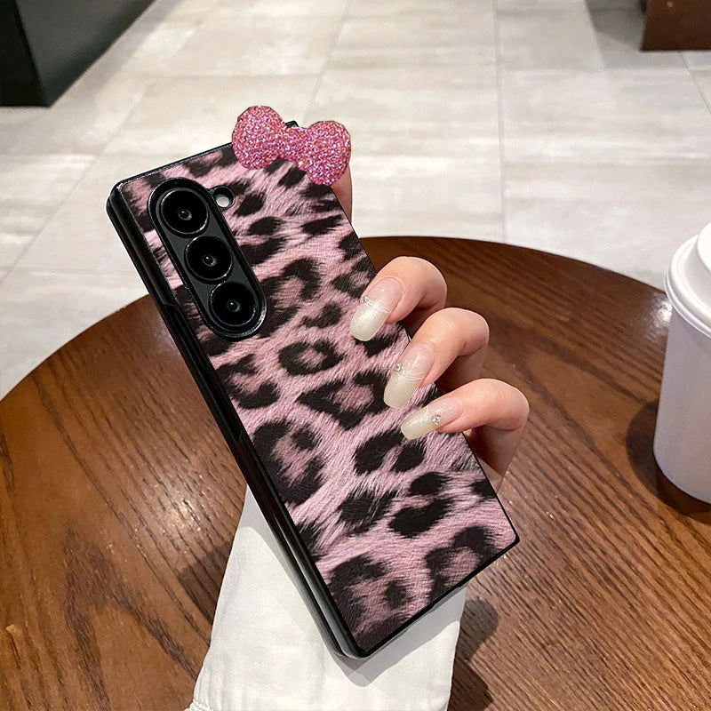 Fashion Leopard Print PC Hard Phone Case for Samsung Galaxy Z Fold 3/4/5/6/7 5G 3D Diamond Bowknot, Ultra Thin Luxury,Shockproof