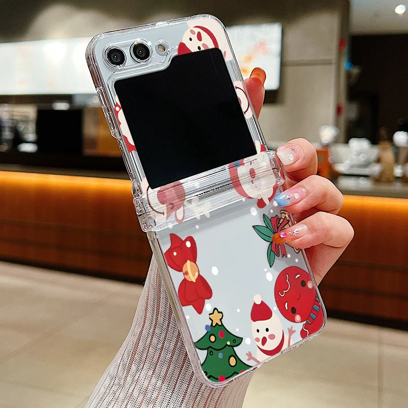 Christmas Print Transparent Phone Case For Samsung Galaxy Z Flip 7 FE 6 5 4 3 5G Folding Hard PC Cover For Samsung Z Flip7 Flip6