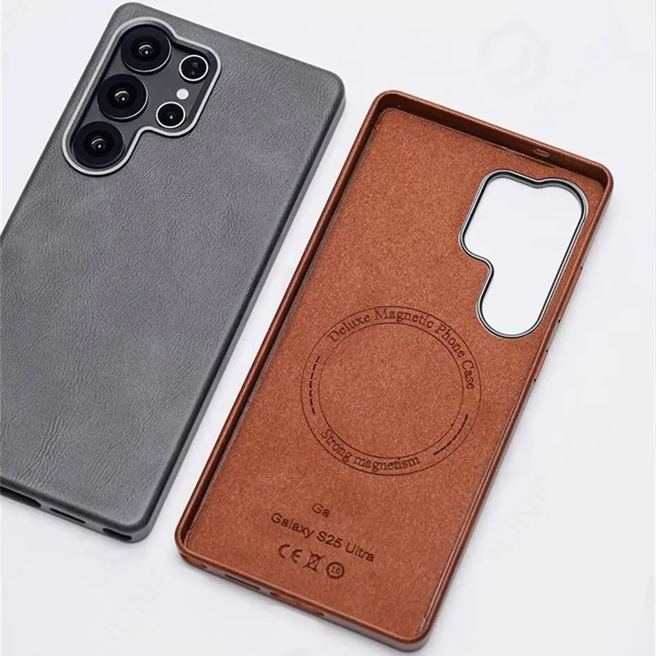 Retro Premium For Magsafe Leather Case For Samsung Galaxy S25 S24 S23 Ultra Luxury Magnetic Metal Lens Ring Shockproof Cover Bag