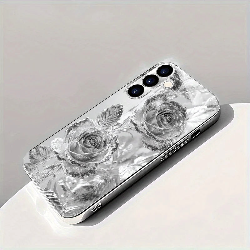 Gold-plated tempered glass phone case, compatible Galaxy S26 S25 S24 S23 S22 Ultra Plus. Features a silver rose design.