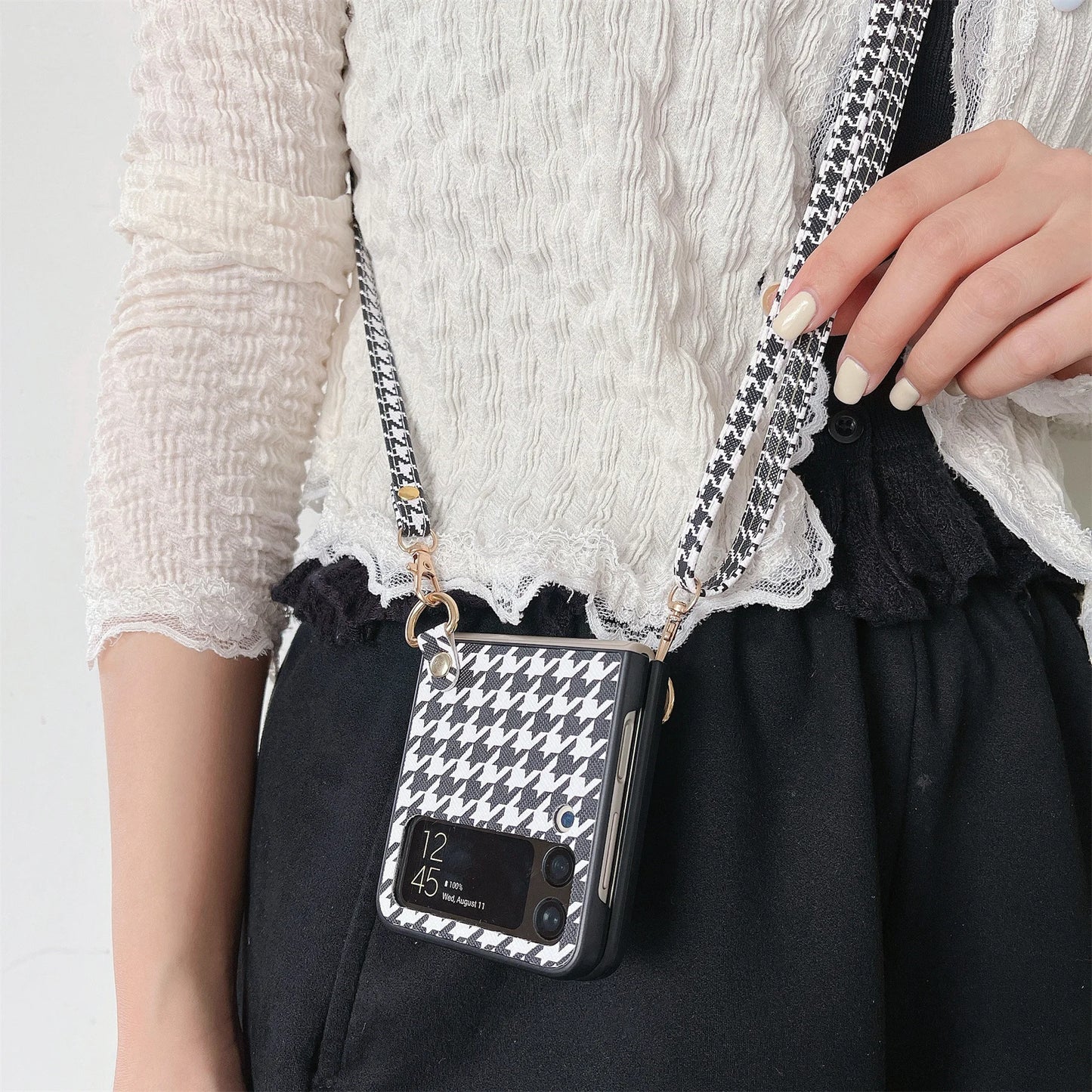 Crossbody Long Lanyard Necklace Strap Houndstooth Leather Case For Samsung Galaxy Z Flip 7 6 5 4 3 5G Flip7 Cover With Rope
