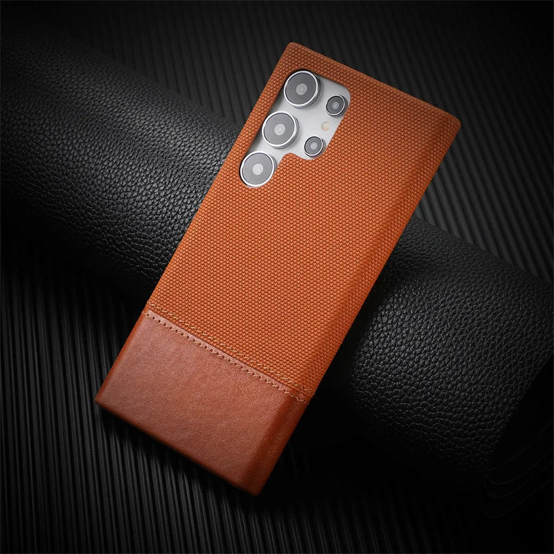 For Samsung Galaxy S23 S24 S25 Ultra Personalised Nylon Fabric Stitched With Leather Case Frameless Cooling Shockproof PC Cover