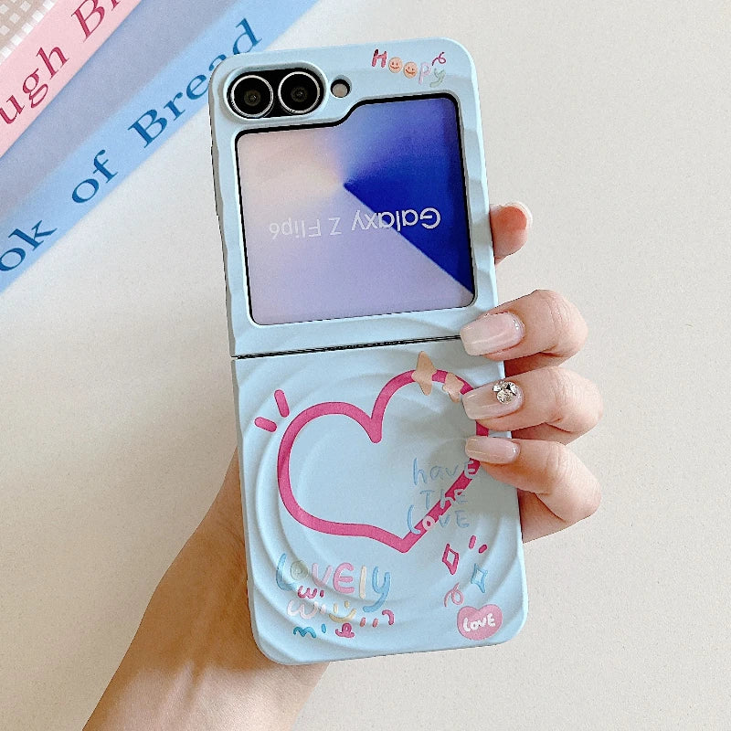 Korean Cute Star Wave Case For Samsung Galaxy Z Flip 5 6 5G Flip6 Flip5 2-piece set With Bracelet Love Heart Holder  Back Cover