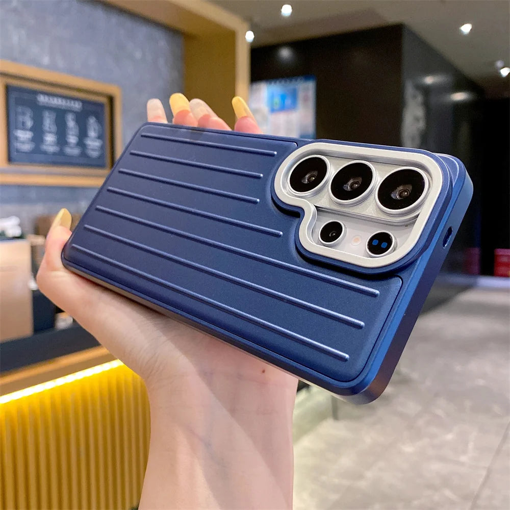 Luxury Luggage Texture Plating Phone Case For Samsung S26 S25 S24 S23 S22 Ultra Solid Color Anti-Slip Striped Protection Cover