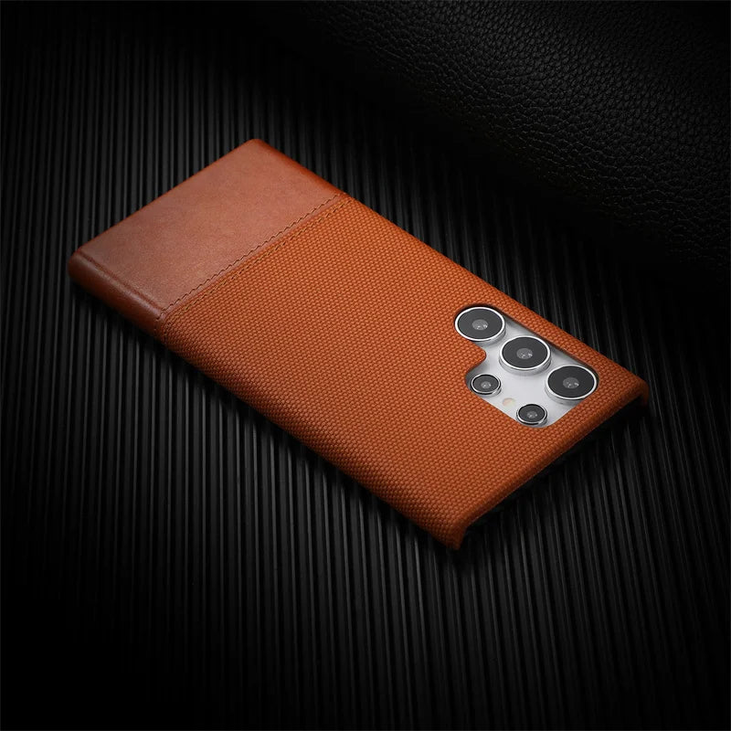 For Samsung Galaxy S23 S24 S25 Ultra Personalised Nylon Fabric Stitched With Leather Case Frameless Cooling Shockproof PC Cover