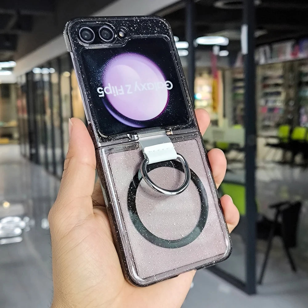 Z Flip7 FE Glitter Transparent Magnetic Ring Phone Case For Samsung Galaxy Z Flip 7 6 5 4 3 Wireless Charging Shockproof Cover