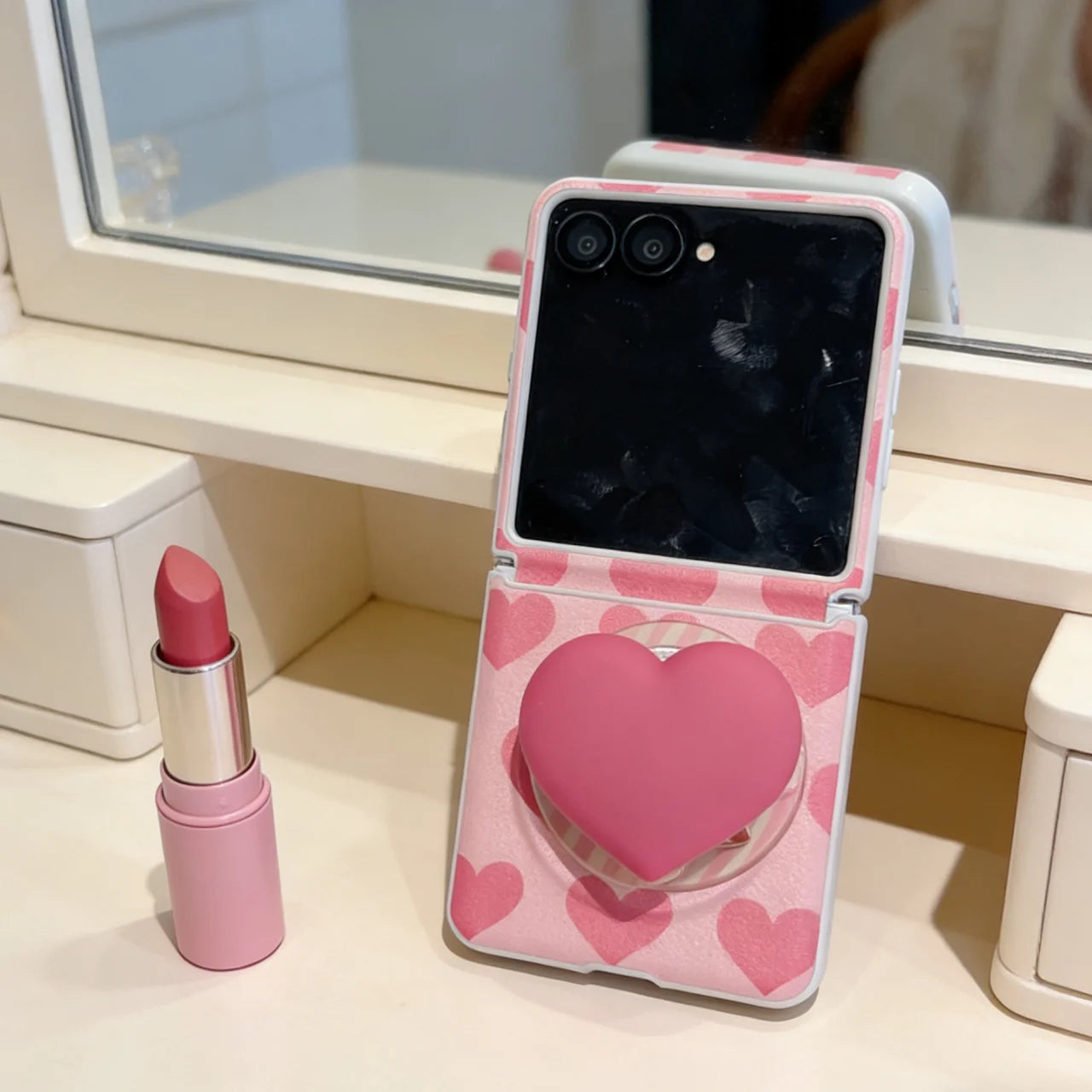 for Samsung Galaxy Z FLIP 7 FE 6 5 flip7 3in1 Rope Strap Magnetic Holder Fold Phone Case Cute Pink Love Heart Cover﻿﻿﻿﻿﻿