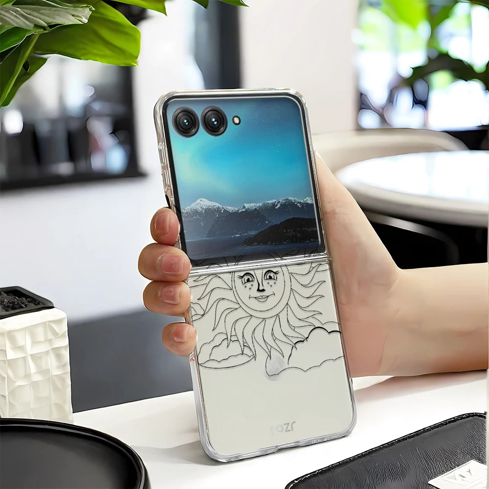 Retro Sun Moon Phone Case For Motorola Razr 60 Ultra 50 40 Ultra Razr 2025 2024 23 For Samsung ZFlip 7 6 5 4 3 Transparent Cover