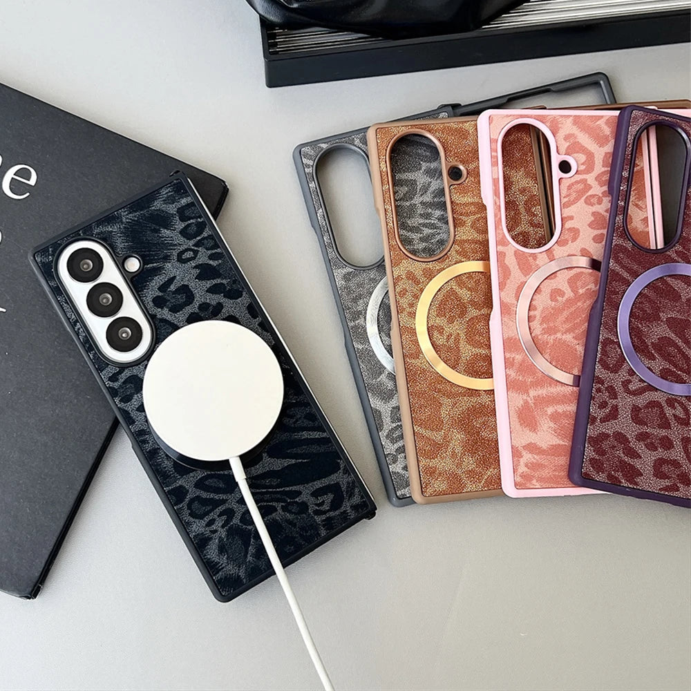 Luxury Gradient Leopard Pattern For Magsafe Magnetic Phone Case for Samsung Z Fold 7 6 5 4 3 Wireless Charging Protective Cover