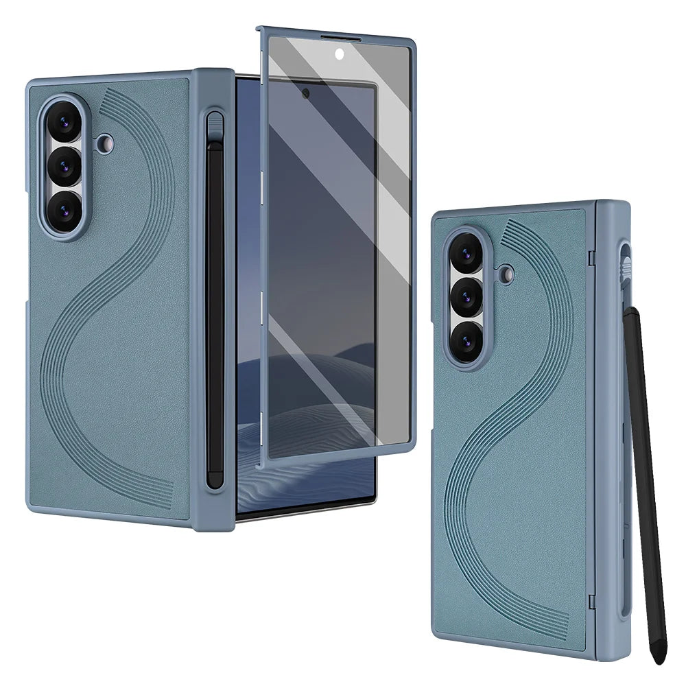 PU Leather Glass Film Pen Slot with Pen Phone Case for Samsung Galaxy Z Fold 7 6 Fold6 Fold7 Hinge Protection Cover