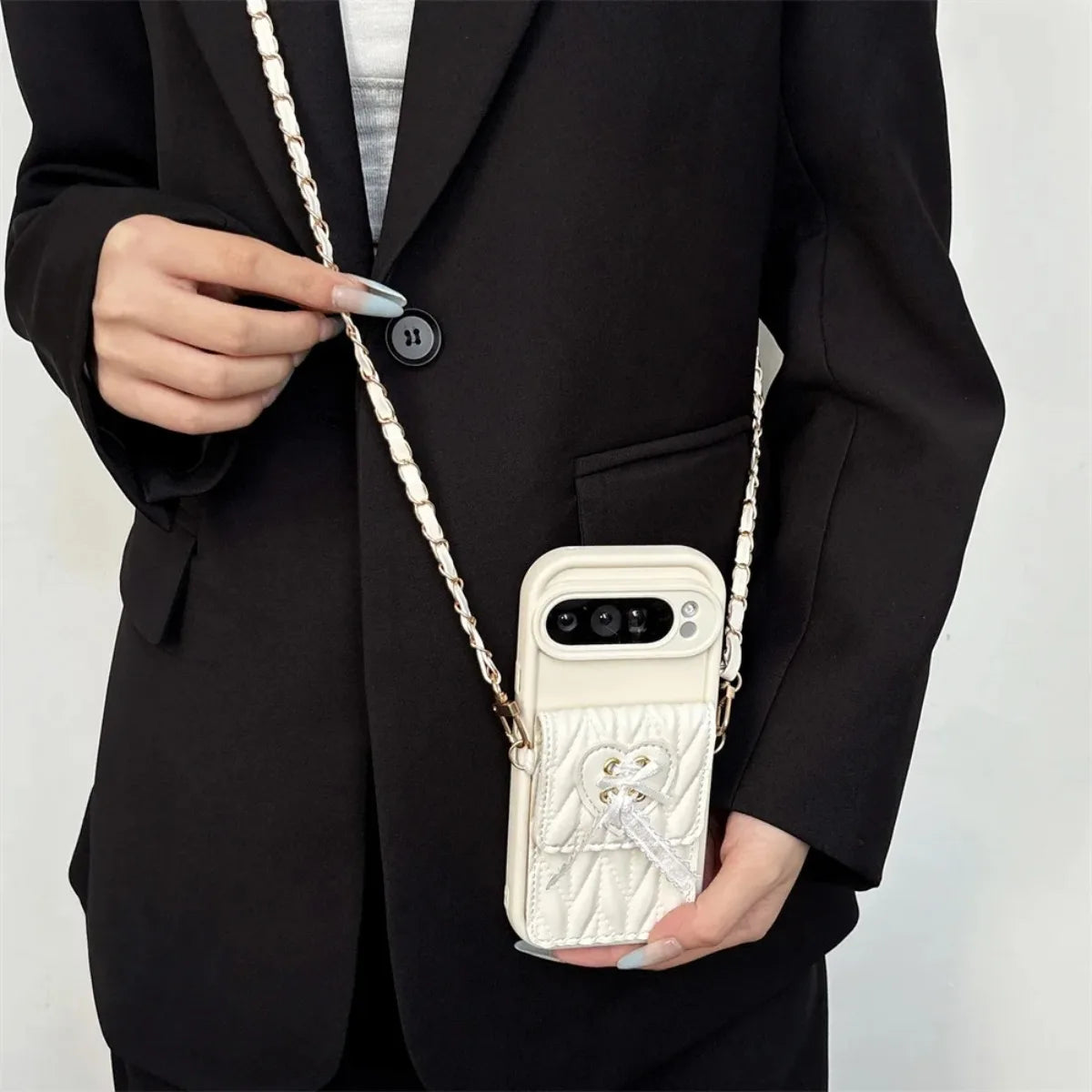 Crossbody Lanyard Card Holder Wallet Quilted PU Leather Phone Case with Ribbon Bow For Google Pixel 10 Pro XL 9 8 7 9a 8a 7a