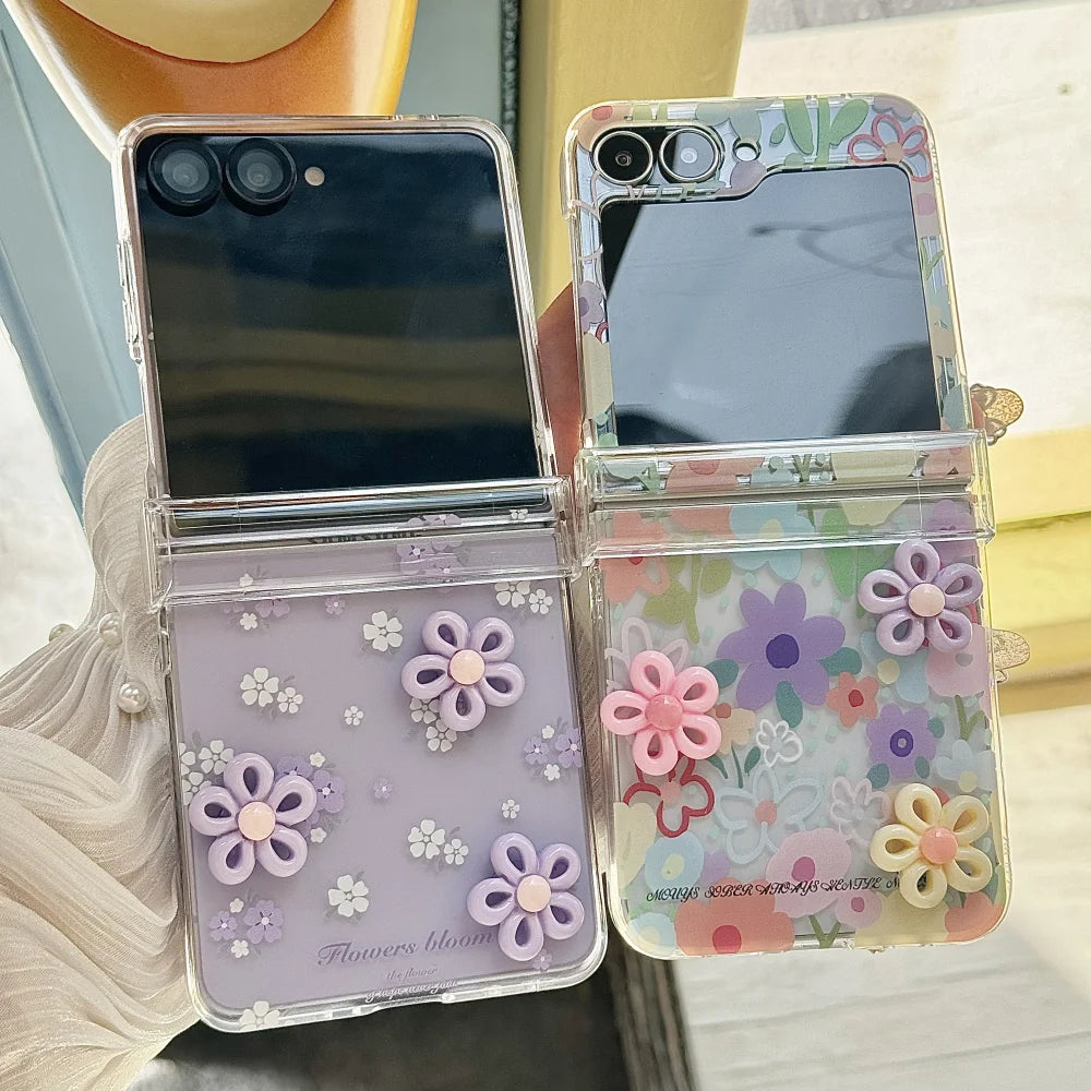 Hinge Protection 2in1 Lovely 3D Rotate Flower Phone Case For Samsung Galaxy Z Flip 7 6 5 4 3 7 FE Wrist Chain Shockproof Cover