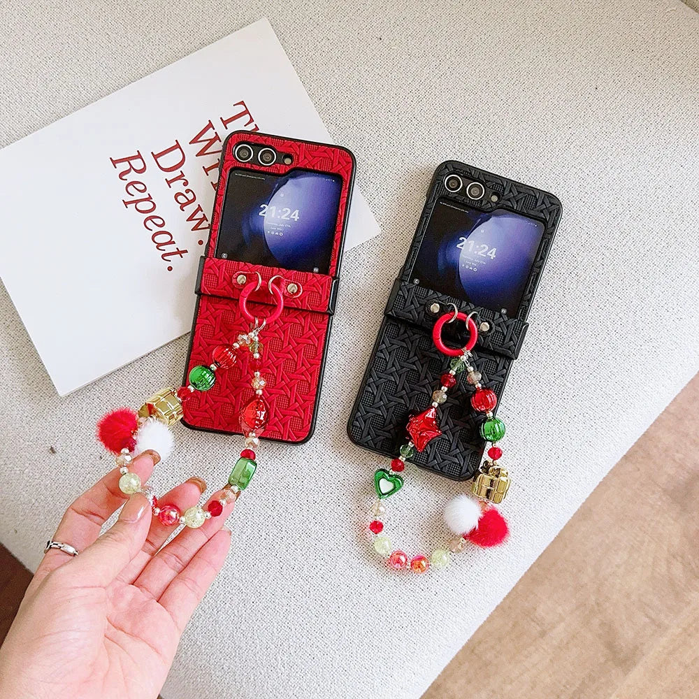 For Moto Motorola Razr 50 Ultra Cute Christmas Lucky Star Heart Fur Ball Pearl Wrist Chain Strap Phone Case Cover