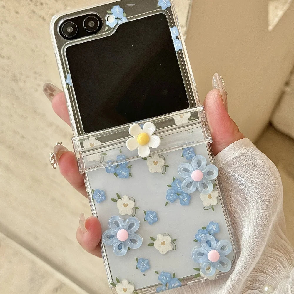 Cute 3D Flower Beads Wrist Chain Case for Samsung Galaxy Z Flip 7 6 5 zflip 3 4 Flip7 Bracelet Hard Acrylic Ins Korean Cover