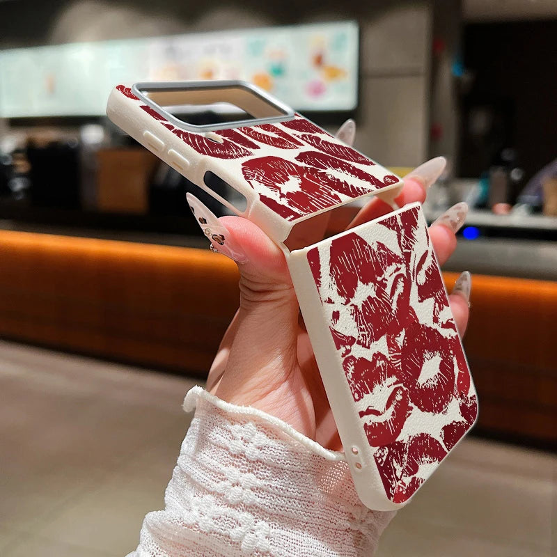 Red Lips Print Folding Phone Case For Samsung Galaxy Z Flip 6 5 4 3 Leather Texture TPU Cover For Samsung Z Flip6 Flip5 Flip4 5G