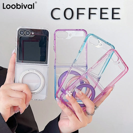 Luxury 360° Rotating Bracket Gradient Case For Samsung Galaxy Z Flip7 FE Flip 7 6 5 4 3 Clear Airbag Shockproof Magnetic Cover