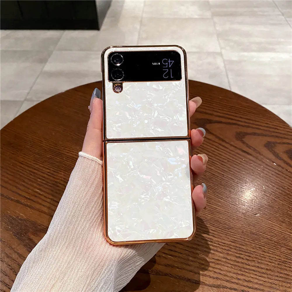 Shell Pattern Gold Plating Glitter Case For Samsung Z Flip 6 Flip 5 Flip 3 4 Cover Back Shell
