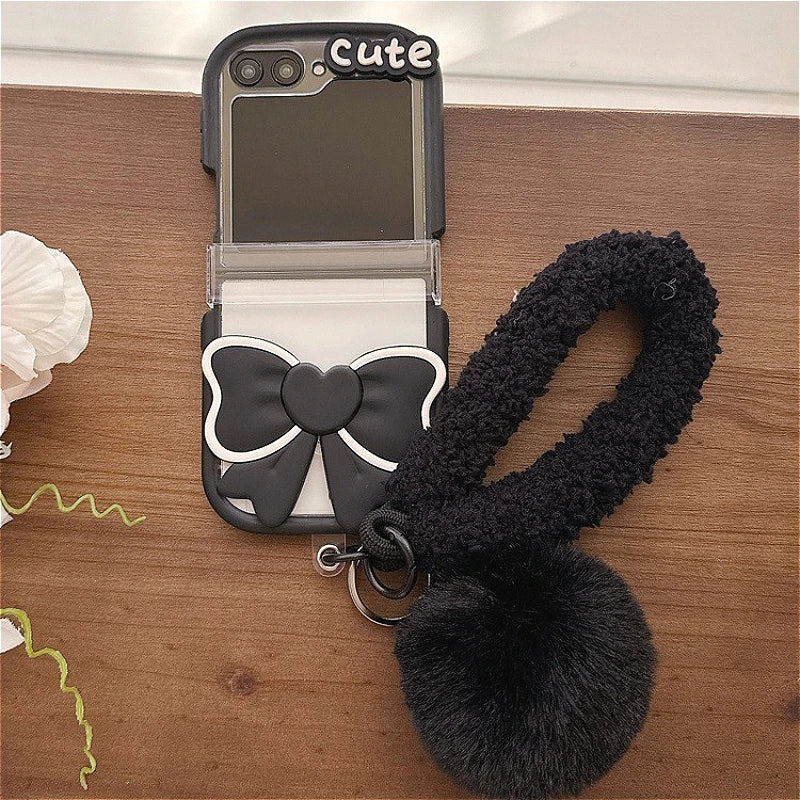 3D Bow Clear Case With Hairball Pendant For Samsung Galaxy Z Flip 3 4 5 6 7 5G ZFlip7 Protect Lovely 3-PIECE Set Cute Cover Gift